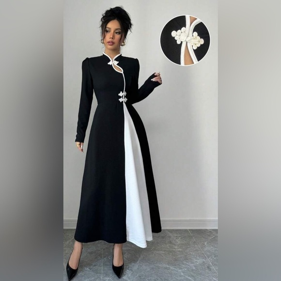 Elegant Retro Black and White Bubble Sleeve Patchwork Buttoned Maxi Dress - Picture 3 of 5